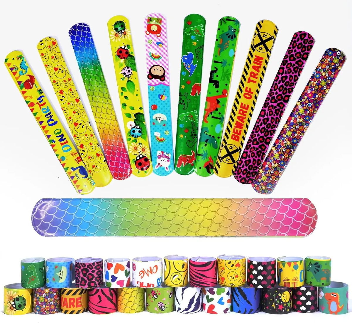 A variety pack of colorful fidget toys and pencils featuring various patterns and colors for kids