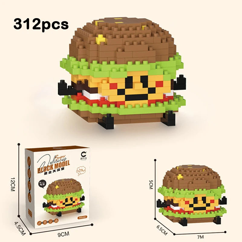 A set of 312 micro building blocks forming a cute black model dessert figurine resembling a hamburger.