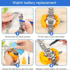 A four-step guide showing how to perform a battery replacement on a watch using specialized tools and a holder.