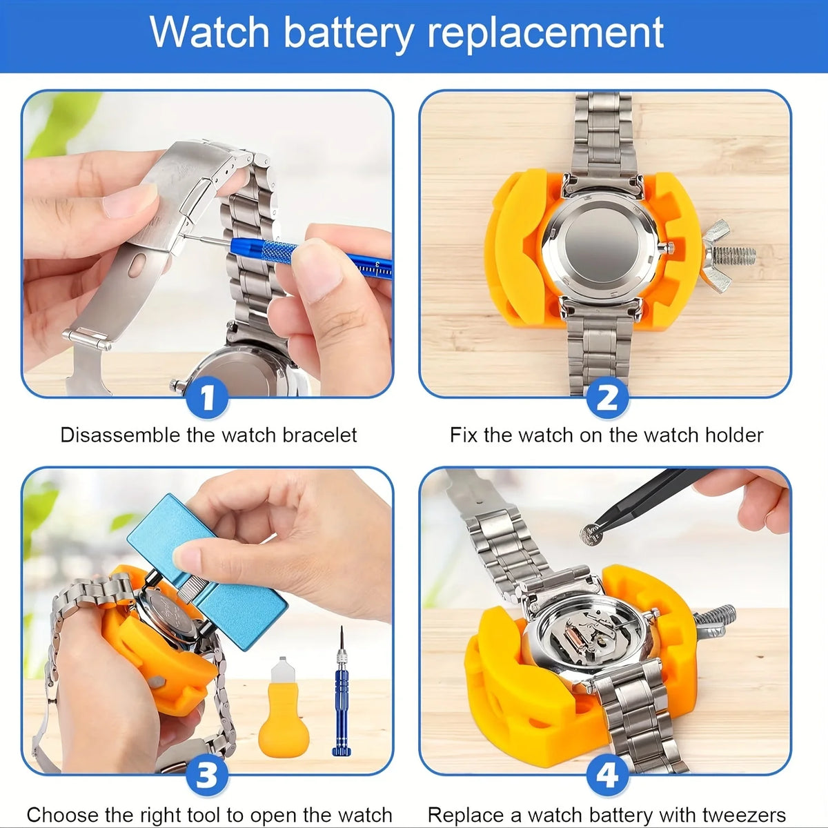 A four-step guide showing how to perform a battery replacement on a watch using specialized tools and a holder.