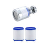 A chrome kitchen faucet water filter with a rotating head and splash guard, shown next to two rolls of filter material.