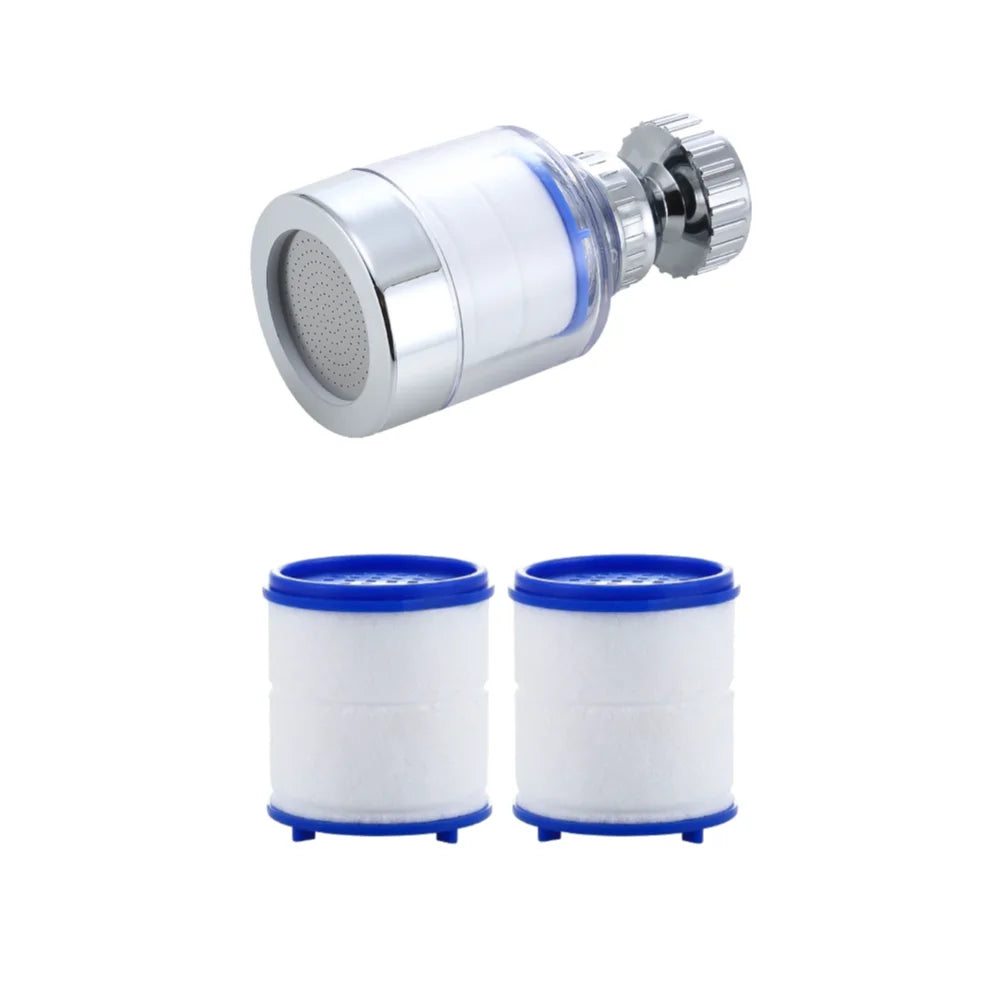 A chrome kitchen faucet water filter with a rotating head and splash guard, shown next to two rolls of filter material.