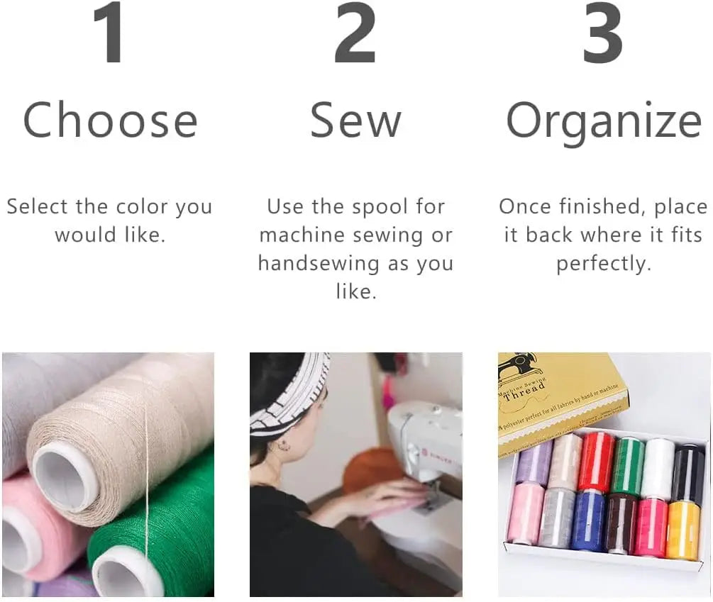 Three steps for sewing: Choose, Sew, and Organize with a set of 12-color polyester sewing thread.