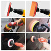 A set of 11 self-adhesive sponge polishing pads and tools for car detailing, shown in various usage angles.
