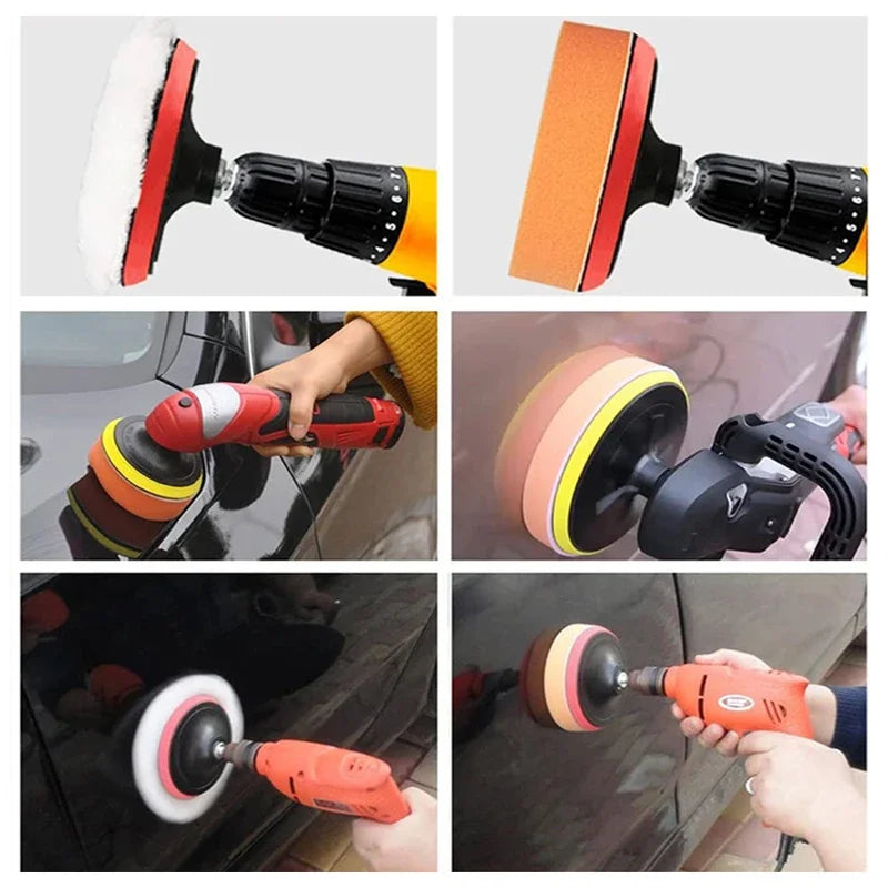 A set of 11 self-adhesive sponge polishing pads and tools for car detailing, shown in various usage angles.