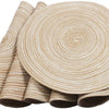 A set of six beige braided round placemats rolled up and displayed on a surface.