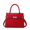 A red leather handbag with a gold-toned clasp and matching coin purse.