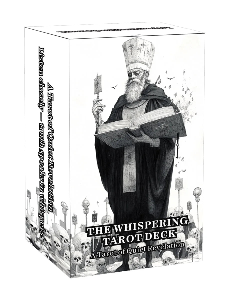 A box featuring The Whispering Tarot Deck with a bearded figure holding a staff and an open book.