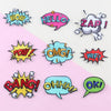 A collection of embroidered lettering patches featuring words like WOW, HELLO, ZAP, POW, OMG, WTF, BANG, and OHHH, OK!