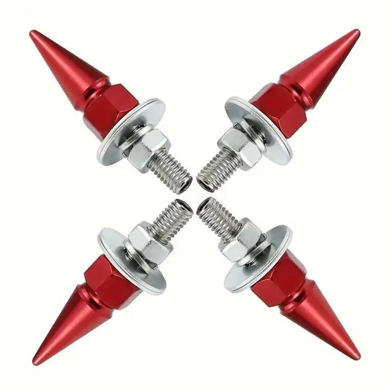 A set of red rust-resistant license plate screws with hexagonal heads and threaded shafts.