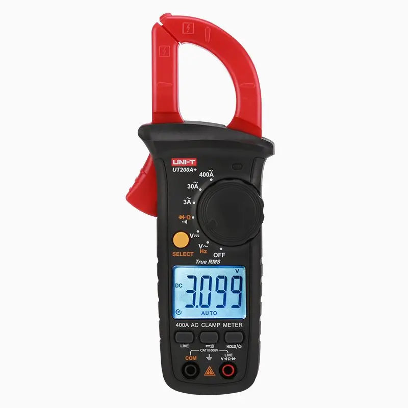 A red digital clamp meter with a black body displaying 3.099 volts on the screen.