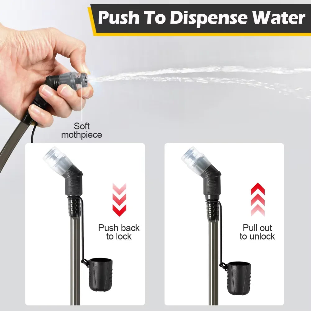 A hand is using a soft mouthpiece to dispense water from a collapsible hydration bladder.