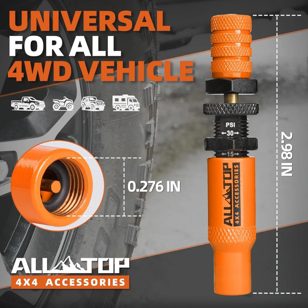 Orange Alltop 4x4 accessories tire deflator kit with PSI gauge and fitting shown on a tire.