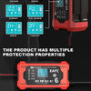 A red battery charger with an intelligent digital display showing various battery statuses and protection features.
