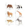A collection of realistic animal figurines including a brown bear, a panda, a giraffe, and a zebra.