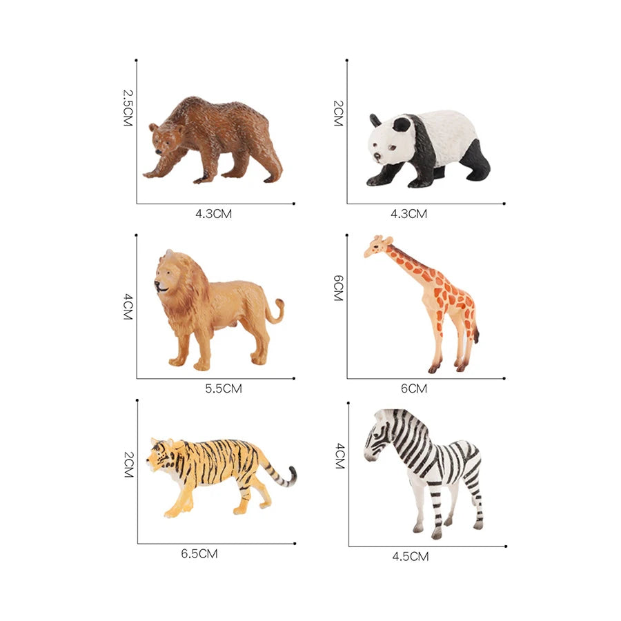 A collection of realistic animal figurines including a brown bear, a panda, a giraffe, and a zebra.