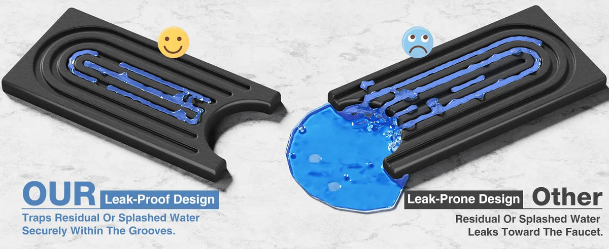 A black silicone mat with grooves is shown next to a blue water-soaked mat, demonstrating leak-proof and leak-prone designs.