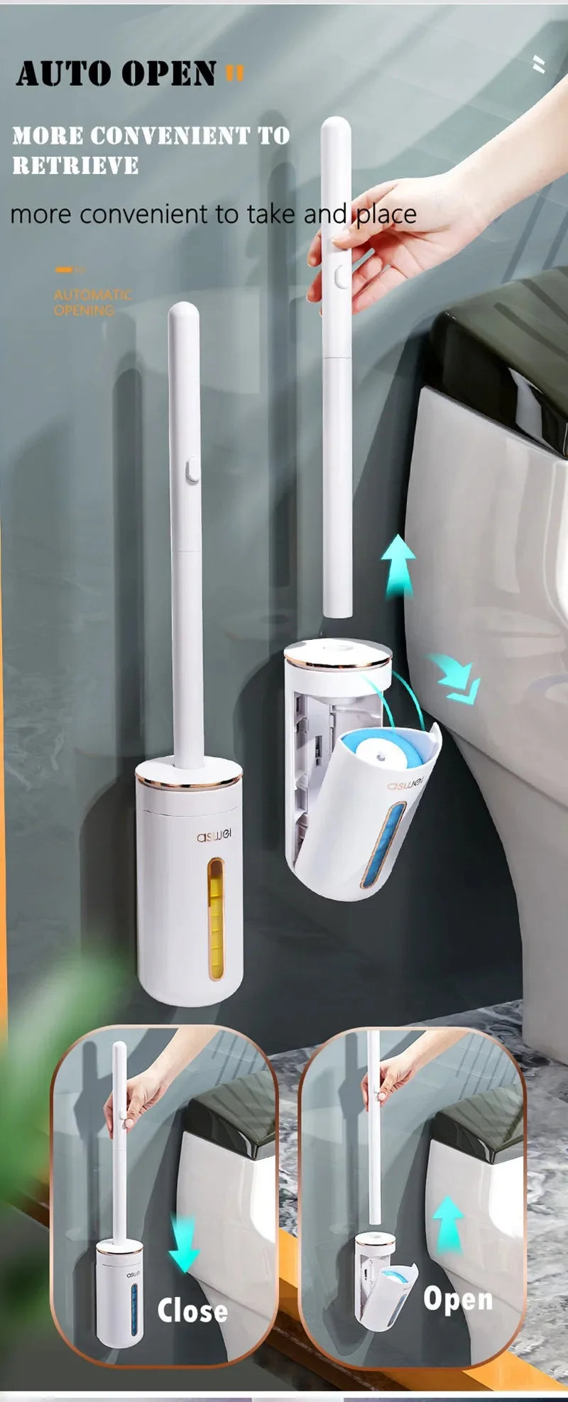 Wall-Mounted Disposable Toilet Brush Set with Refill Heads
