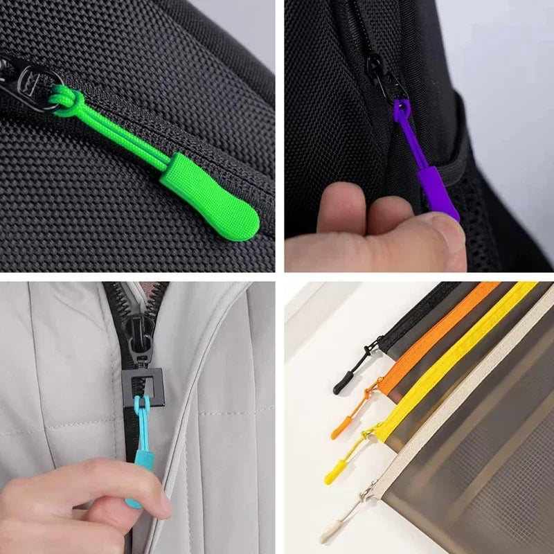 Close-up shots of colorful plastic zipper pulls in green, purple, and yellow being used on a black fabric item.