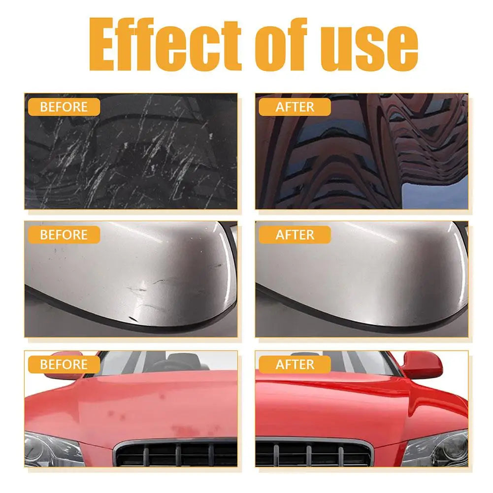 Before and after images showing the effect of a car scratch repair paste on a car's finish.