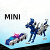Mini transforming dinosaur car toy featuring blue and silver parts shown in a dynamic pose.
