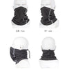 Demonstration of a black reflective polar fleece neck warmer shown from front, limit angle, side, and back views.