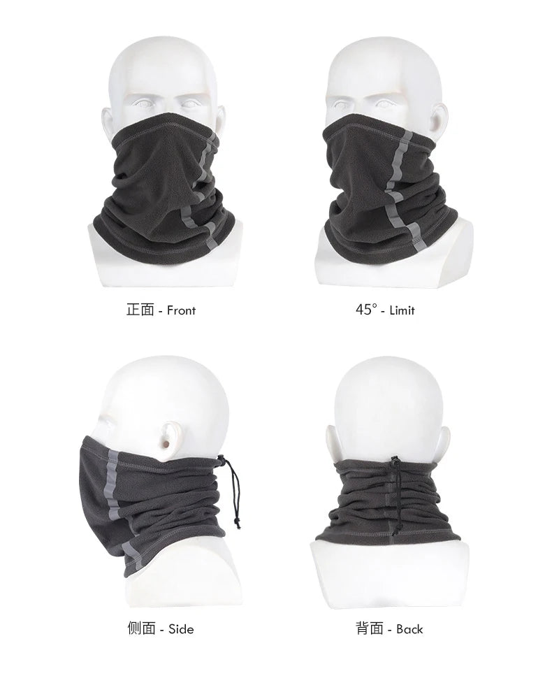 Demonstration of a black reflective polar fleece neck warmer shown from front, limit angle, side, and back views.