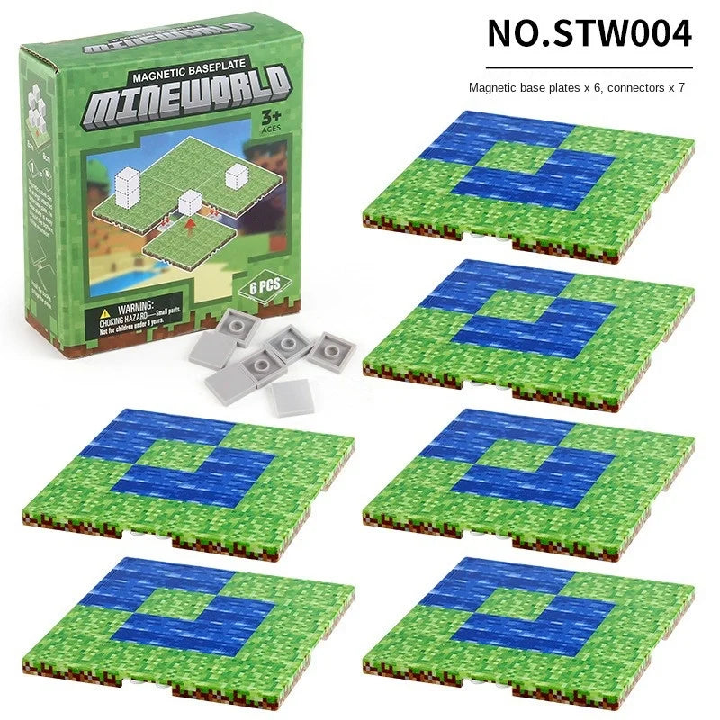 A set of six magnetic base plates for a Mineworld building block game, featuring green and blue textured surfaces.
