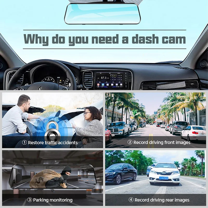 Anzeige mit Funktionen einer Dashcam: Wiederherstellung von Verkehrsunfällen, Aufzeichnung von Front- und Heckbildern sowie P