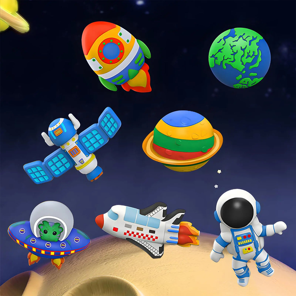 Collection de jouets colorés sur le thème de l'espace et des dinosaures, incluant une globe peinte, des fusées et des figurin