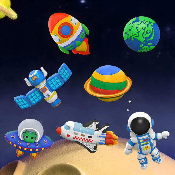 A collection of colorful space and dinosaur-themed toys including a painted globe, rockets, and astronaut figures.