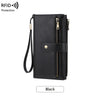 Black vintage RFID-blocking PU leather long wallet with a zipper closure and lanyard.