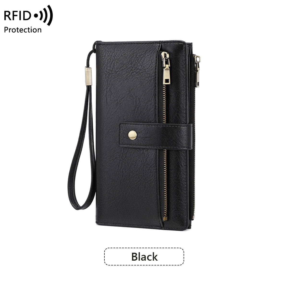 Black vintage RFID-blocking PU leather long wallet with a zipper closure and lanyard.