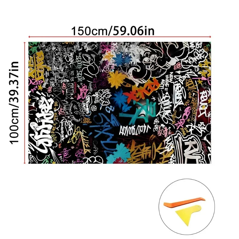 A rectangular sticker featuring a colorful graffiti pattern on a black background for car interior wrapping.