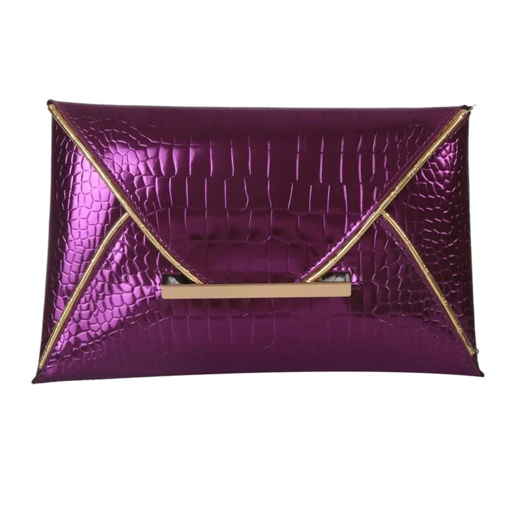 A vibrant purple crocodile pattern PU envelope clutch with a gold-toned flap and coin pocket.