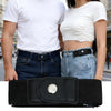A black elastic belt is displayed in a flat lay against a light gray background.