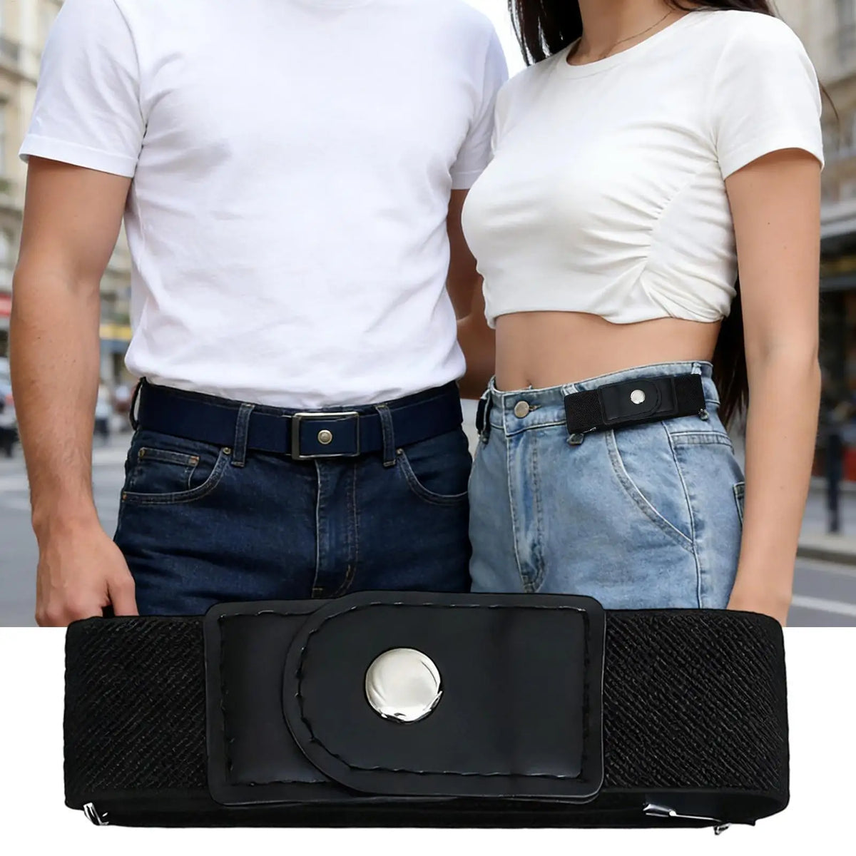 A black elastic belt is displayed in a flat lay against a light gray background.