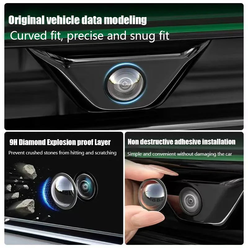 Close-up of a car camera with a protective cover installed, showing the fit and non-destructive installation process.