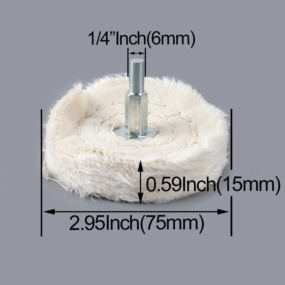 A set of cotton polishing buffing wheels with 1/4 inch shank and various sizes shown against a gray background.
