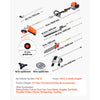 A collection of gas-powered hedge trimmers and various accessories shown with dimension lines.