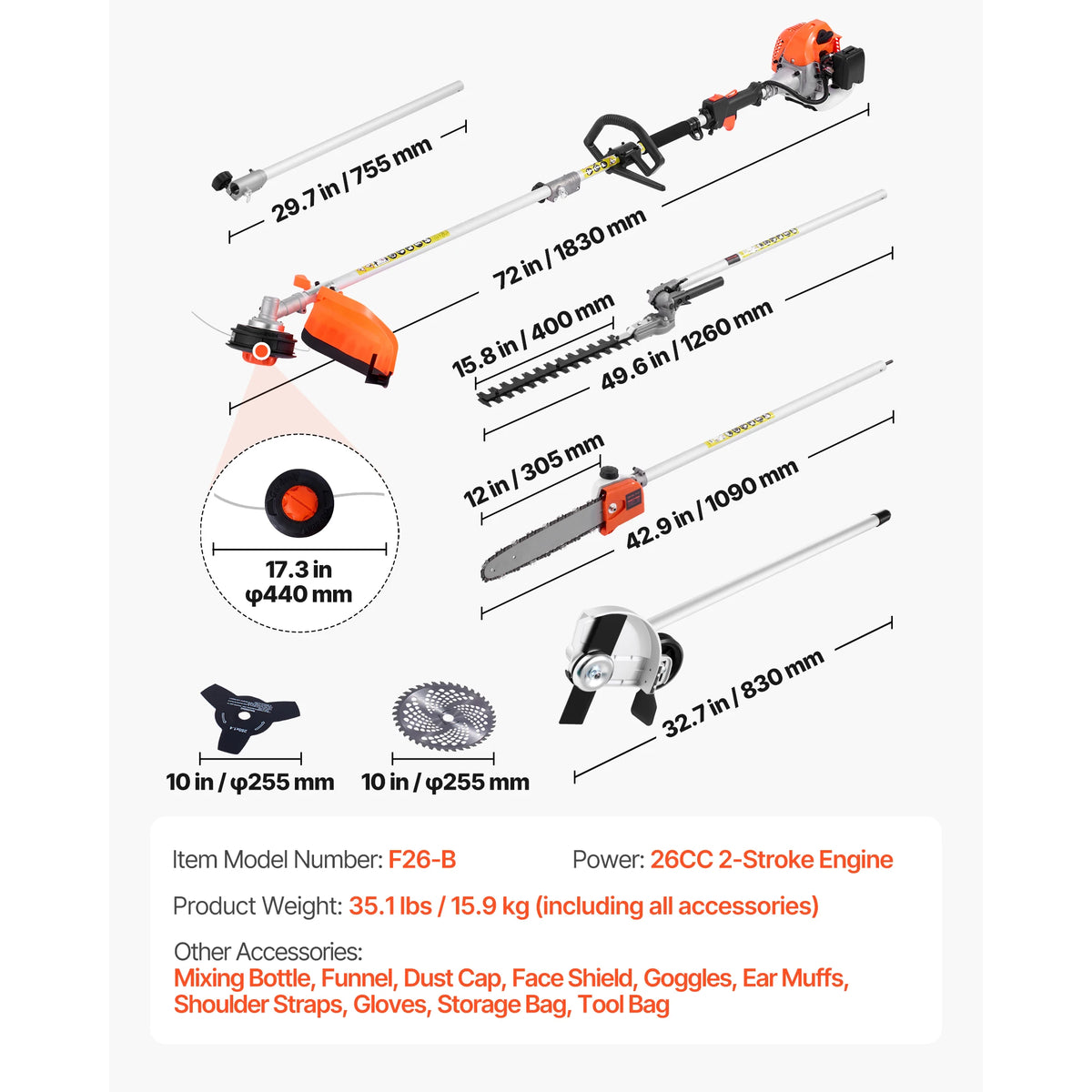 A collection of gas-powered hedge trimmers and various accessories shown with dimension lines.
