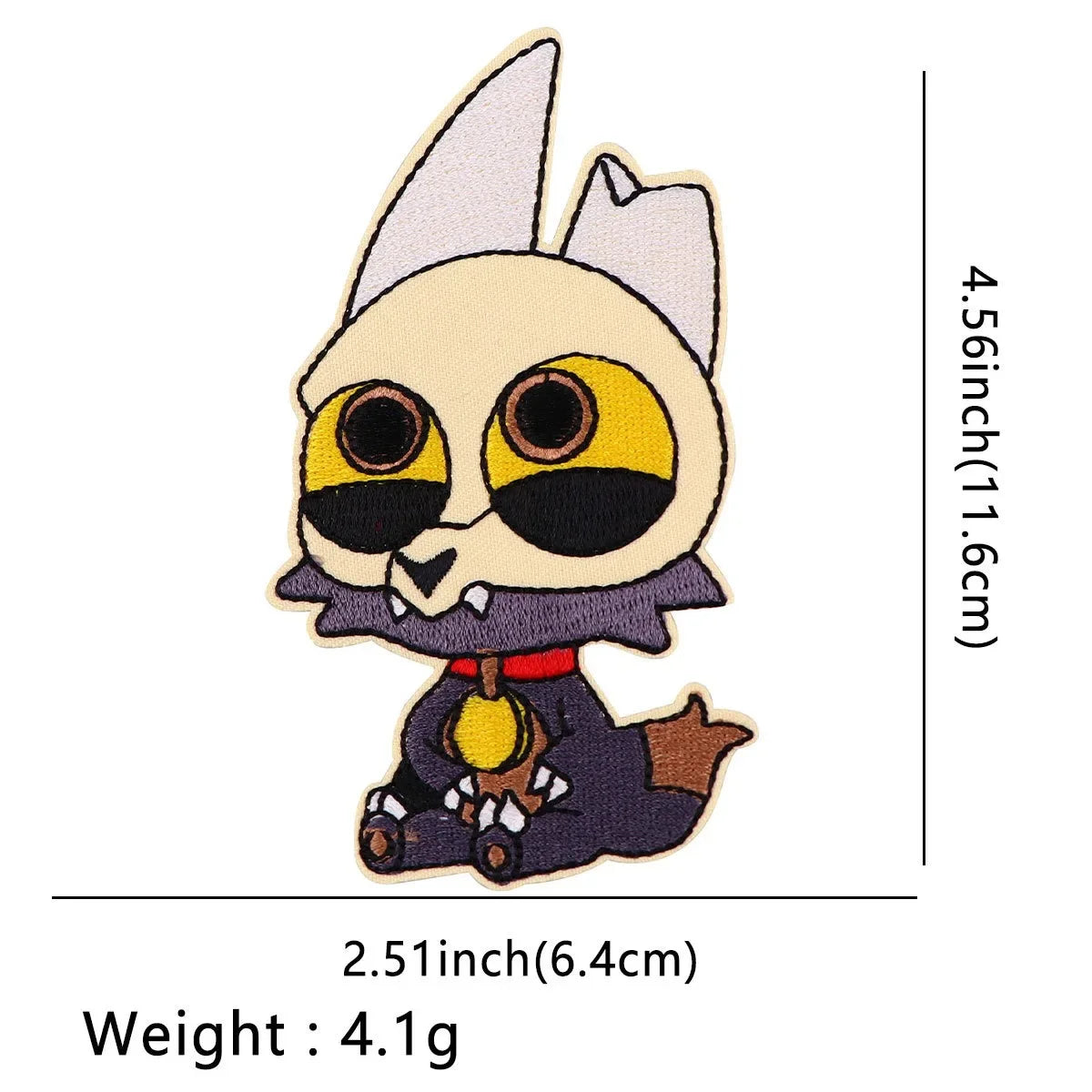 An embroidered patch of a stylized cat dragon face with yellow eyes and white ears on a dark background.