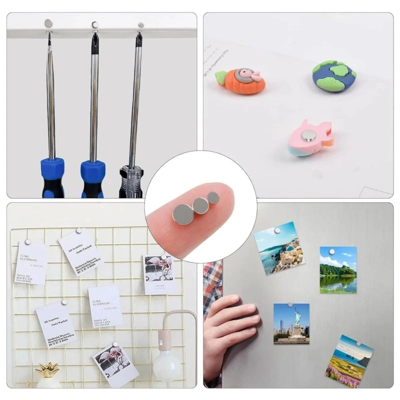 A collection of round neodymium disc magnets in various colors and sizes used for crafts, DIY, and organization.