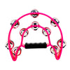 A bright pink double-layer half moon tambourine with hand bells.