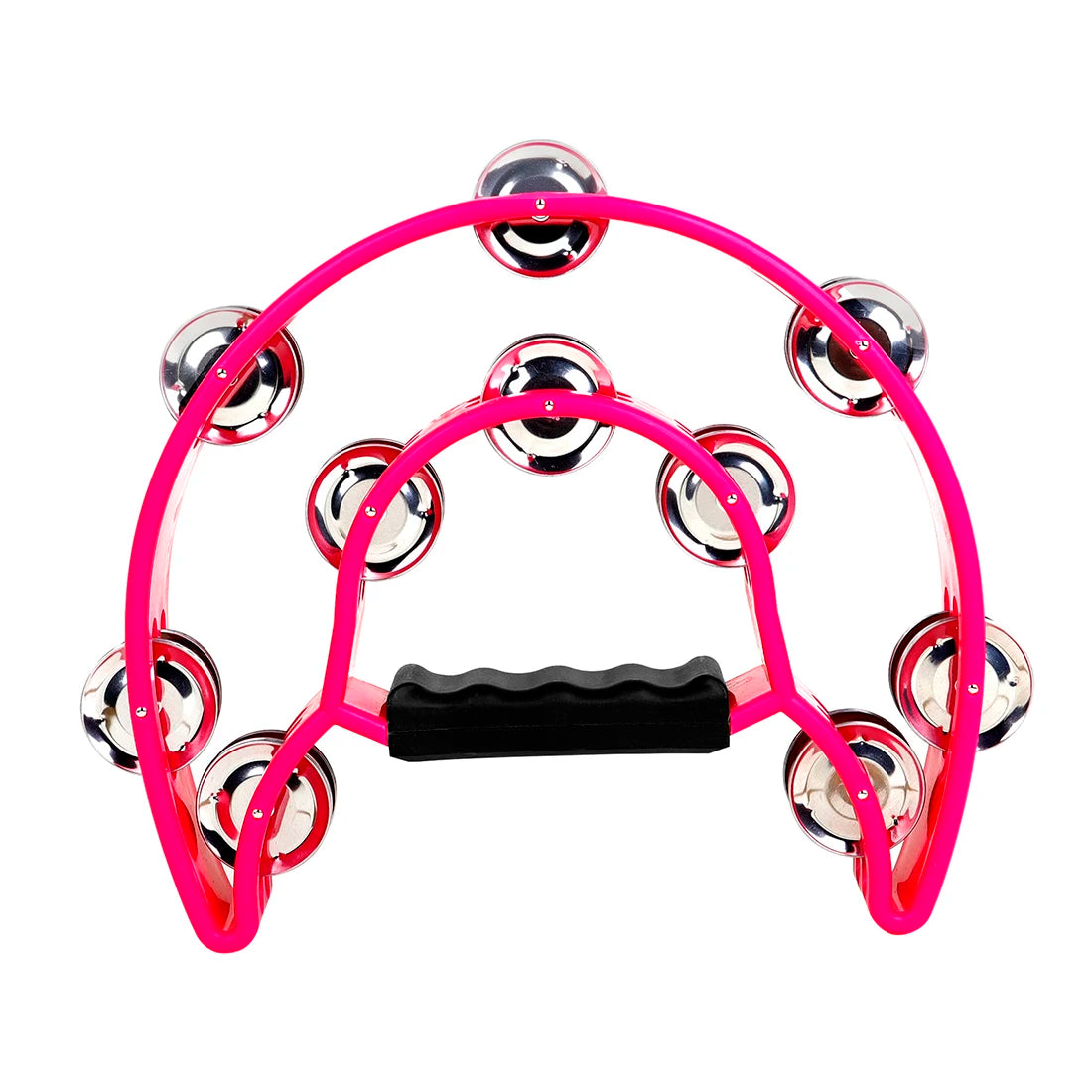 A bright pink double-layer half moon tambourine with hand bells.
