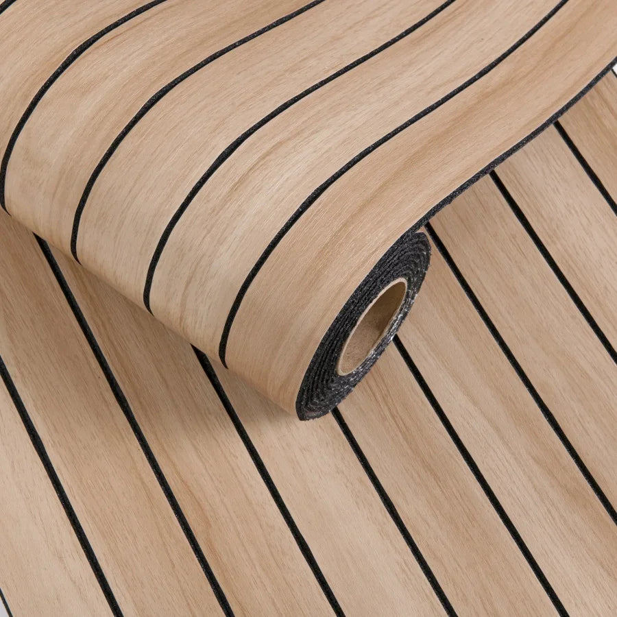 Roll of light wood peel-and-stick wallpaper featuring black horizontal stripes