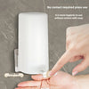 A white soap bar grinder and dispenser is shown being used on a hand, emphasizing no contact with soap.