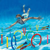 A child is diving underwater with a pool dive and grab play set featuring various colorful water sports toys.
