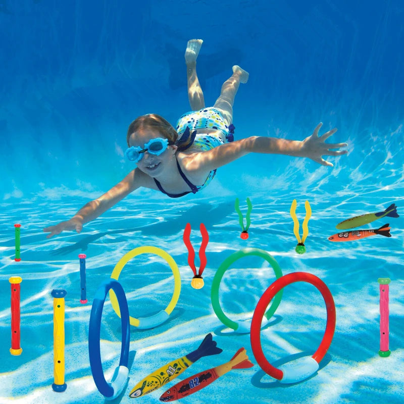 A child is diving underwater with a pool dive and grab play set featuring various colorful water sports toys.