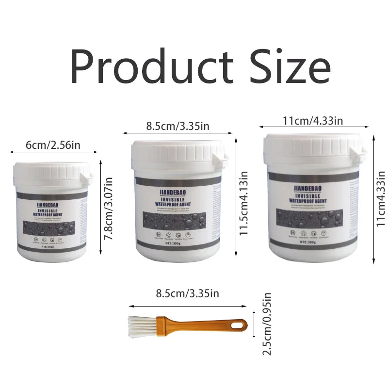 Product size diagram showing the dimensions of an Invisible Transparent Waterproof Agent container and applicator brush.